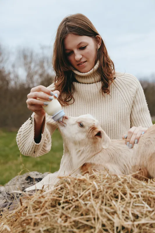 A woman outdoors feeds a goat kid with a bottle, sitting on straw by a rustic farm field, gentle interaction, warm sweater, natural colors, soft light, peaceful mood, everyday animal life