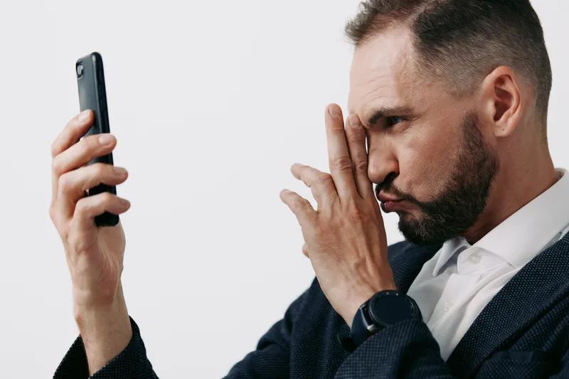 Professional man in business attire uses a mobile device, showing concentration and concern, against an isolated colored background.