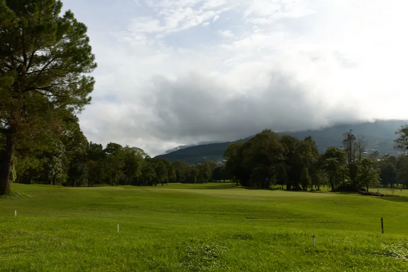 Lush green golf course landscape with dramatic clouds in the background, perfect for outdoor sports or leisure activities in a serene environment