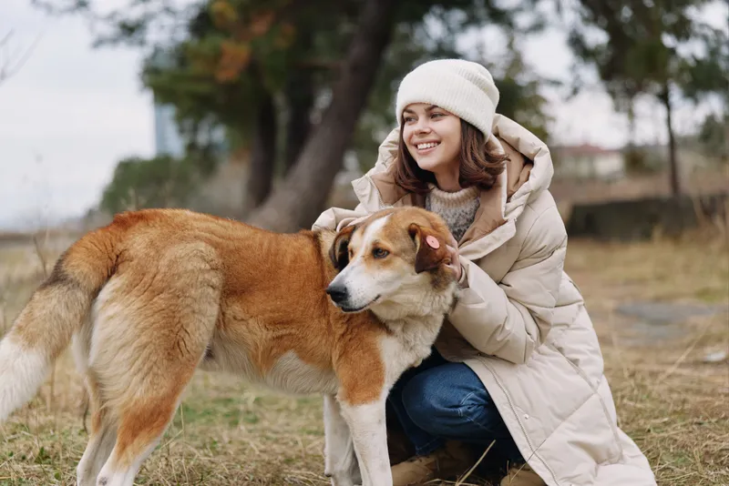 Dog, woman, outdoors companionship, affection in park as she hugs a friendly canine, sharing warmth and joy during a peaceful countryside stroll at sunset