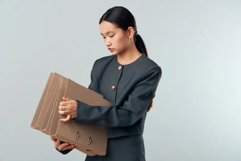 Young woman in dark formal jacket holding multiple cardboard folders with documents standing against neutral background. Businesswoman with paperwork for organization and office tasks.