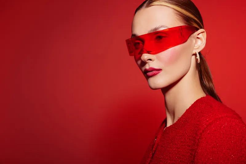 Stylish woman with red sunglasses and red outfit poses against red background. Fashion portrait with modern accessories and bold color concept for style and confidence.
