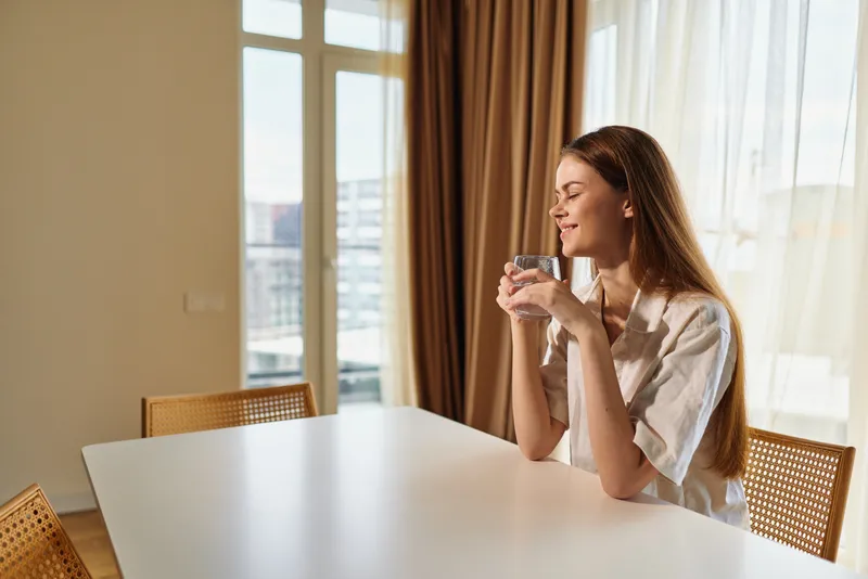 Woman at table holding glass of water by window with warm sunlight, smiling and relaxed in home interior, morning routine and peaceful moment of hydration and calm.