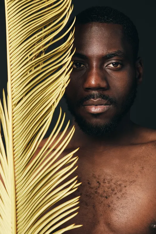 Creative conceptual portrait of African man with dark skin holding yellow palm leaf, visual style with closeup face and bare chest, artistic and minimalistic studio photography.