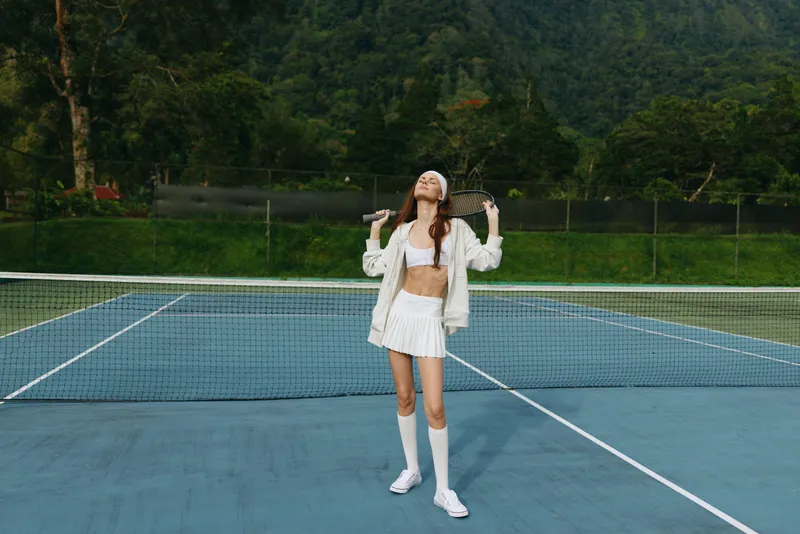 Energetic female tennis player celebrating a victory on a court in a stunning green landscape, wearing a stylish white sports outfit and exuding confidence and joy