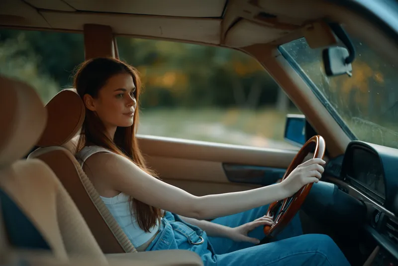 Young woman driving a vintage car, showcasing calmness and focus, wearing a casual white top and denim overalls in a blurred nature background.