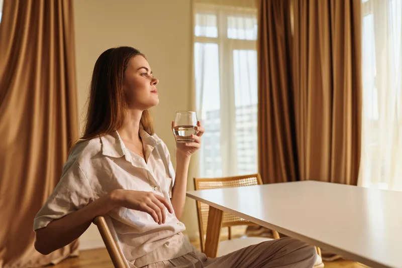Woman sitting at table at home, portrait relaxing with a glass of wine, sunlight through curtains, peaceful morning atmosphere and casual linen outfit in cozy interior.