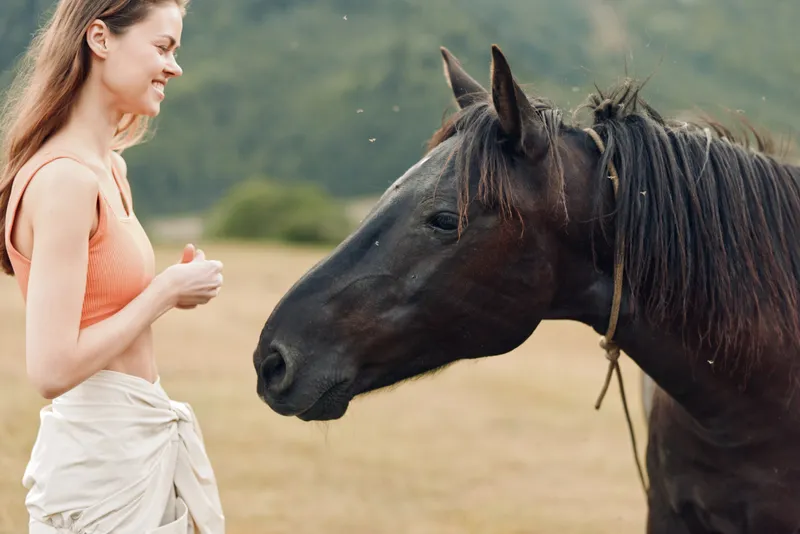 A cheerful woman stands in an open field, smiling as she interacts with a calm horse. The scene captures a warm, natural bond between human and animal.