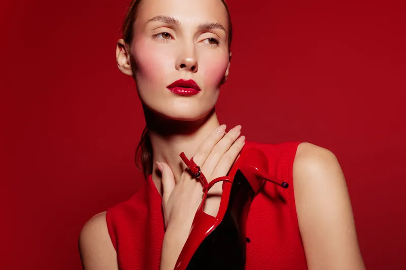 Stylish woman in red dress holds red high heel shoe near face on red background. Fashion concept with bold makeup and elegant pose in studio lighting.