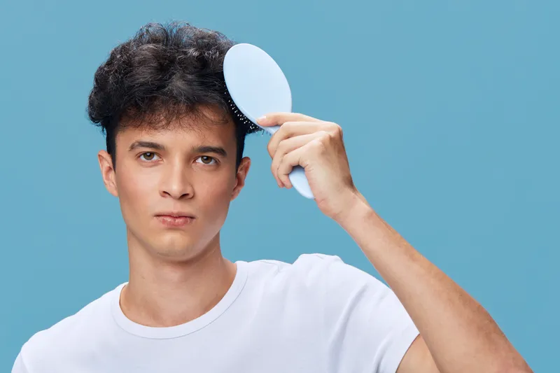 Young man brushing short curly hair with white brush on blue background, wearing white shirt, focused expression, personal grooming and hygiene concept.