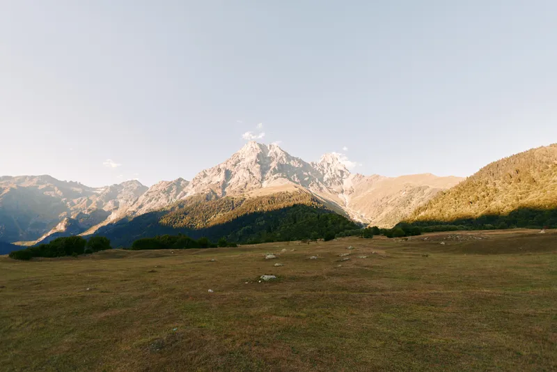Mountain meadow landscape with a towering peak under clear sky, alpine grassland bathed in warm sunlight, panoramic vista of rolling hills and tranquil natural scenery at dawn.