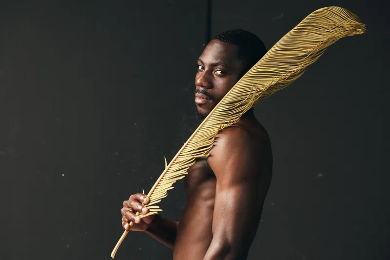 Black African man with dark skin holding large golden palm leaf in creative visual design style against dark background. Artistic, cultural and fashion concept with bare torso.