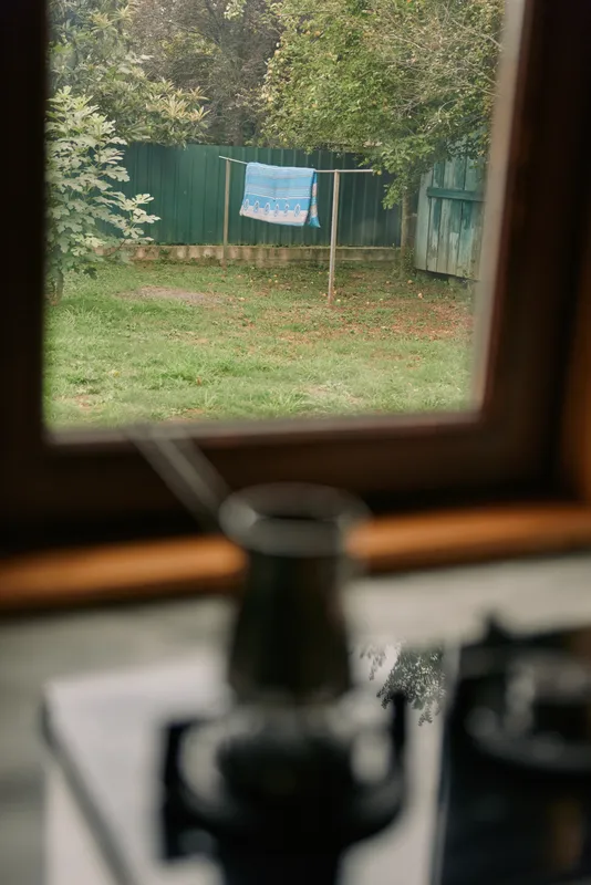 Backyard clothesline with towel seen through window from kitchen with kettle in foreground authenticity inclusivity