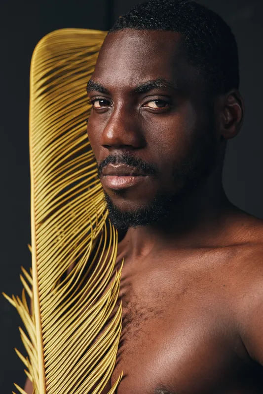 African man with dark skin and beard posing shirtless with yellow palm leaf in creative conceptual visual style on dark background. Portrait with serious expression and artistic mood.