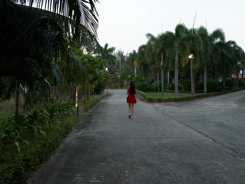 Woman walking alone on a tropical path with palm trees during dusk, wearing a red dress in a serene outdoor setting.