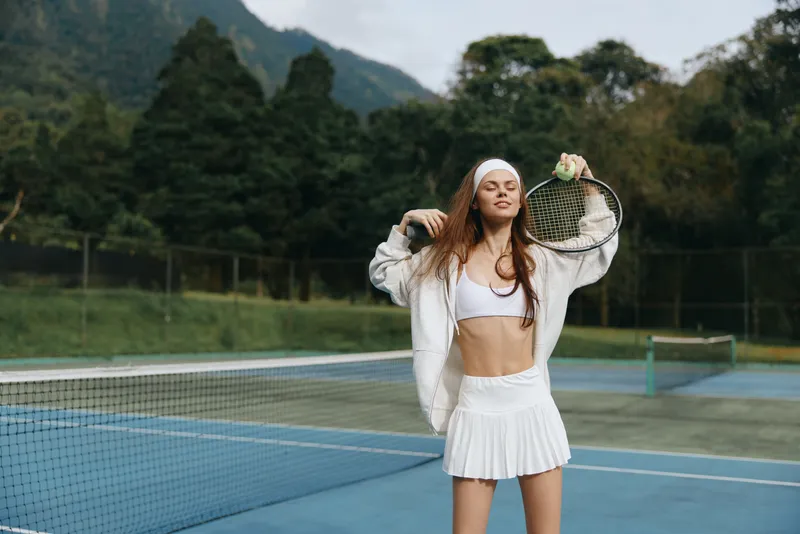 Young athletic woman enjoying tennis on a court, wearing sports attire and expressing joy, surrounded by nature and mountains, perfect for fitness and lifestyle themes