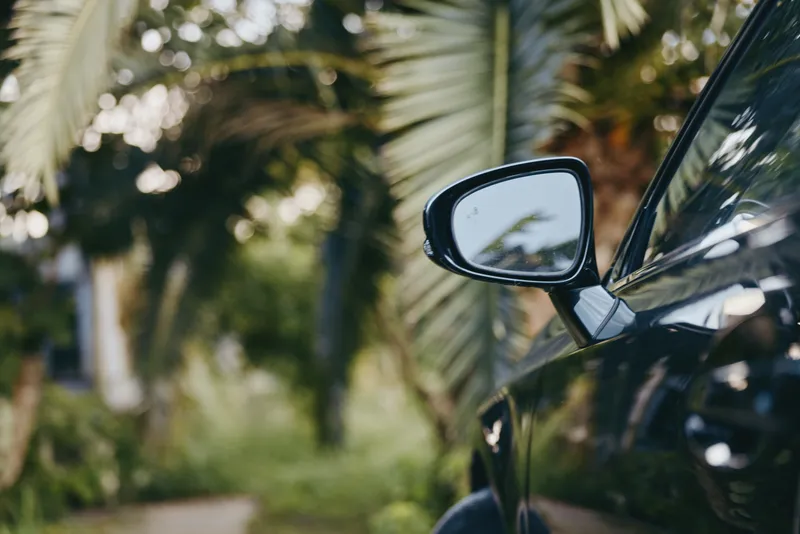 Car side mirror closeup on black vehicle with palm trees and tropical reflection, blurred bokeh background. Outdoor travel concept with glossy paint and nature scenery.