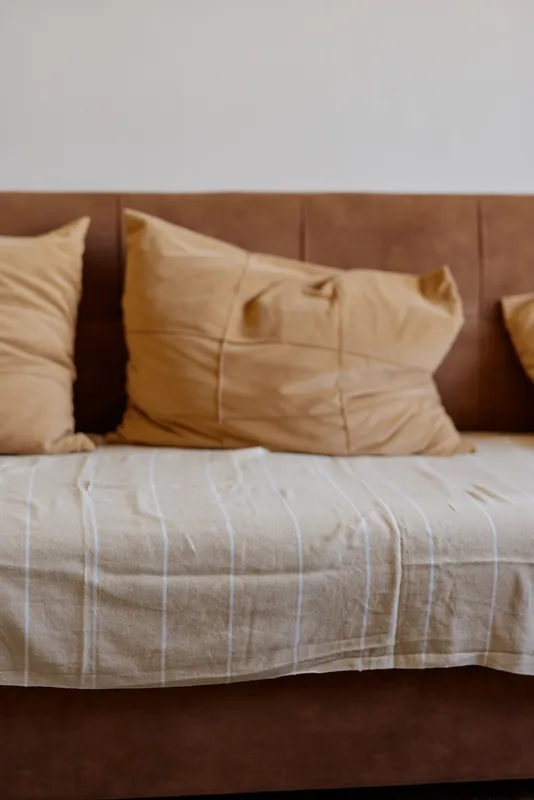 Cozy living room scene with a brown sofa, beige cushions, and a soft blanket, showcasing a calm home lifestyle and simple comfort in a warm, modern interior.