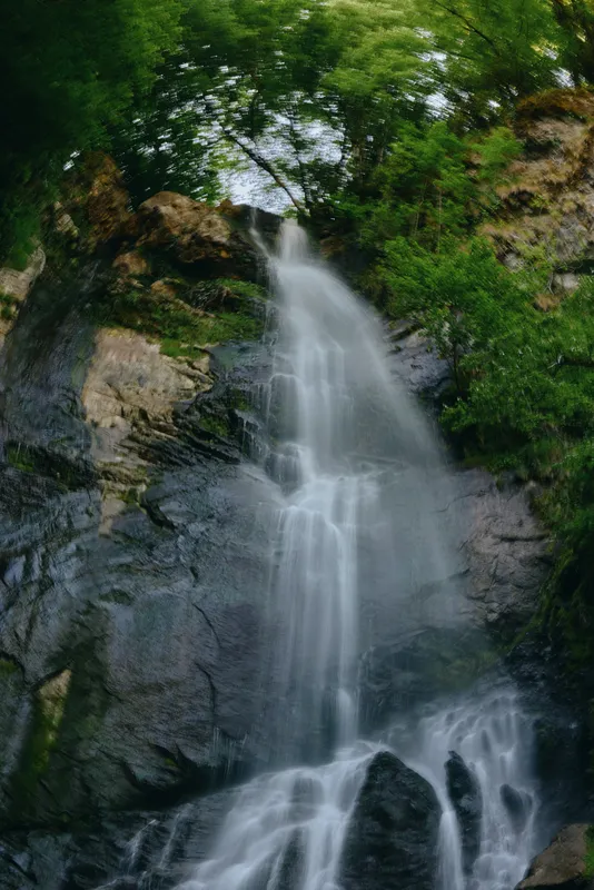 Waterfall flowing down rocky cliffs surrounded by lush green forest foliage under natural daylight in a serene outdoor environment.