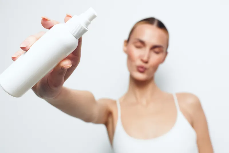 A young woman in a white tank top holds a blank white spray bottle close to the camera with a blurred face in the background. Concept for skincare, beauty, and product presentation.