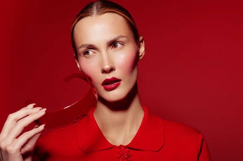 Portrait of a woman in red holding a heart shape near her face on red background. Concept of love, passion, and romantic emotions with stylish makeup and fashion.