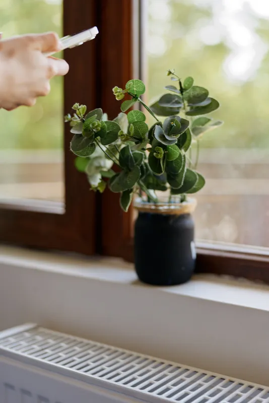 Woman waters a potted plant on a sunny windowsill, casual home scene with greenery, soft light, indoor lifestyle, calm atmosphere, cozy decor, everyday care