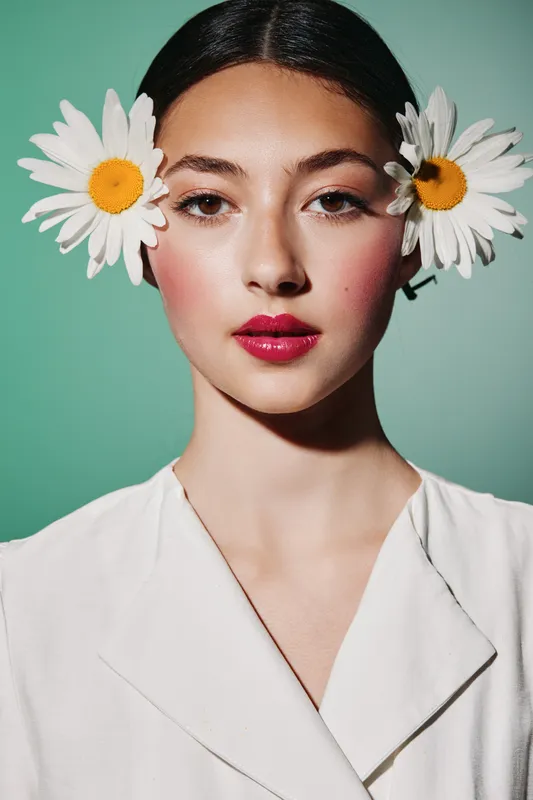Close-up portrait of woman with bright pink lips and large white flowers in her hair. Minimalist fashion look on clean green background. Creative beauty concept.