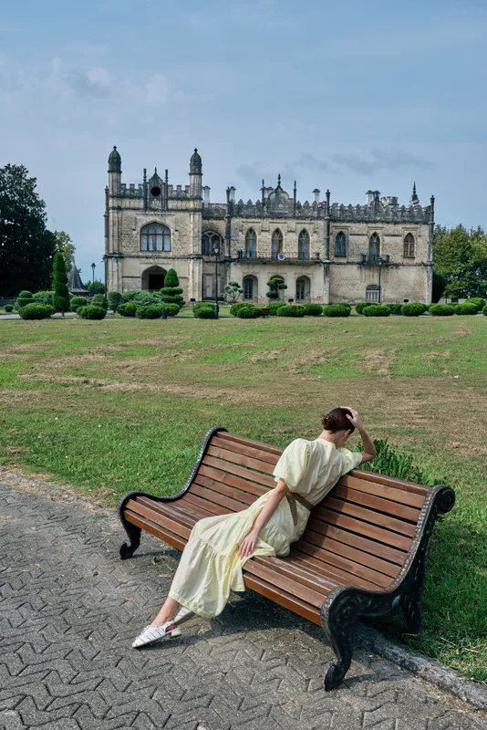 Woman bench manor garden authenticity inclusivity vintage