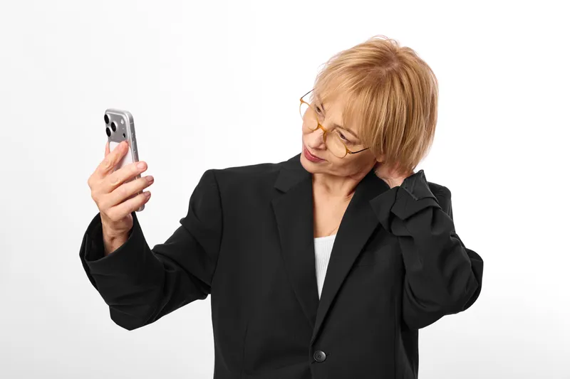 Senior woman in business suit takes a selfie with a smartphone, isolated on a white background, head tilted down. Concept for modern communication and personal connection