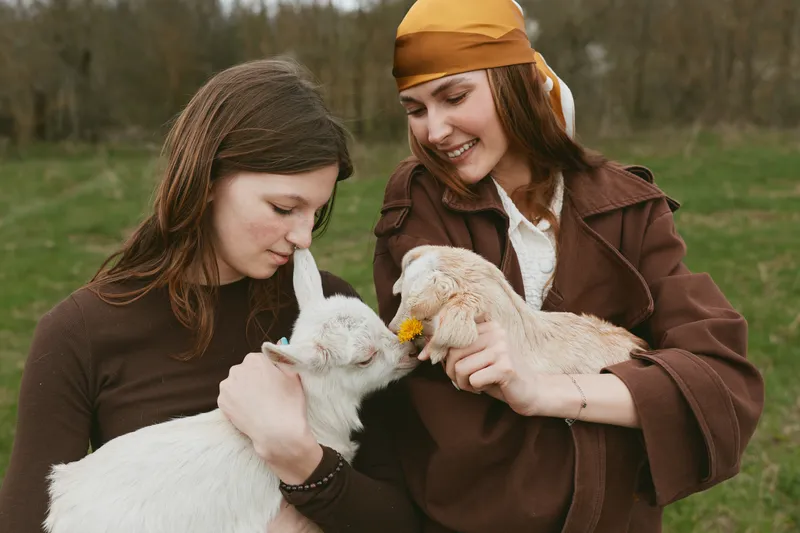Two girls cradle gentle goats in a sunlit meadow, capturing a warm rustic lifestyle moment of care, laughter, and companionship, outdoors on a grassy field, conveying natural affection and playful
