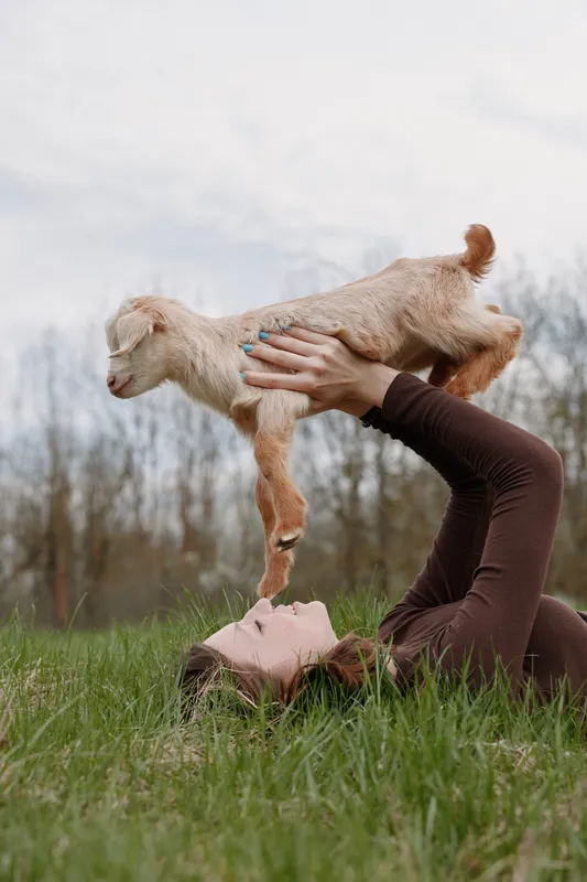 Young woman lying on grass lifts a playful baby goat above her head in a natural outdoor setting during a casual lifestyle moment.