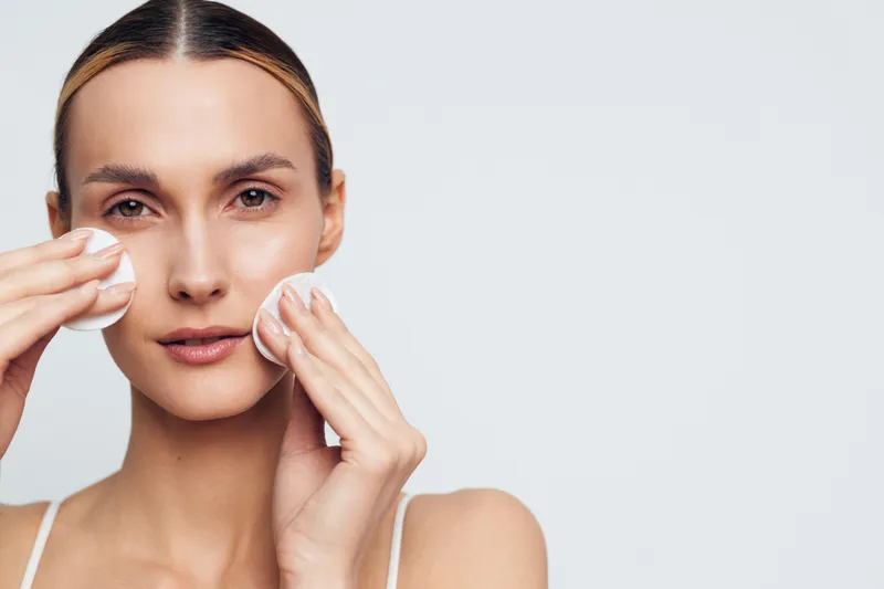 Young woman with brunette hair gently cleanses her face using cotton pads in a bright studio with a calm and focused expression.