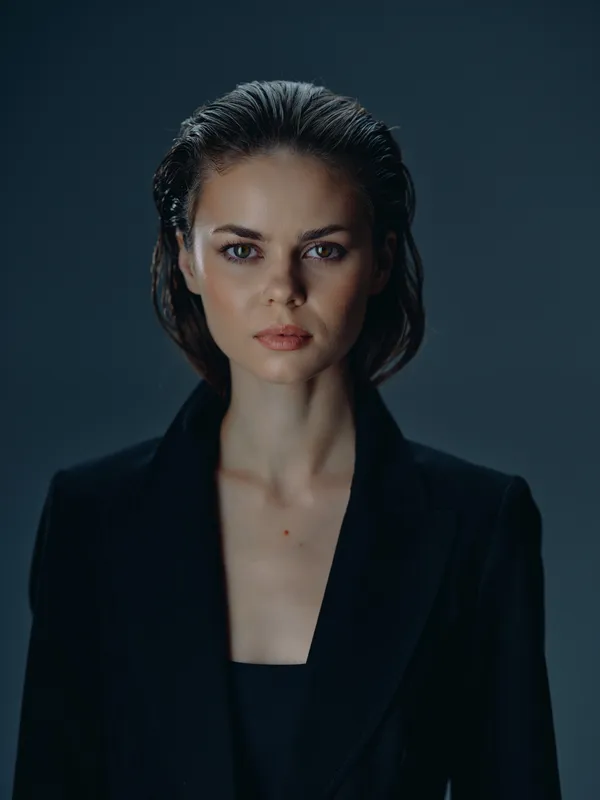 Portrait of a serious woman in dark clothing with wet hair against a dark background, showing focus and intensity.