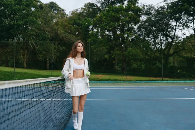 Young athletic woman in sporty outfit enjoys a moment on the tennis court, showcasing a healthy lifestyle and fitness in nature