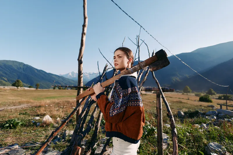 woman axe wood mountains countryside sweater outdoors rural landscape field — young woman carries an axe on her shoulder gathering firewood in a scenic mountain meadow wearing a knit sweater.