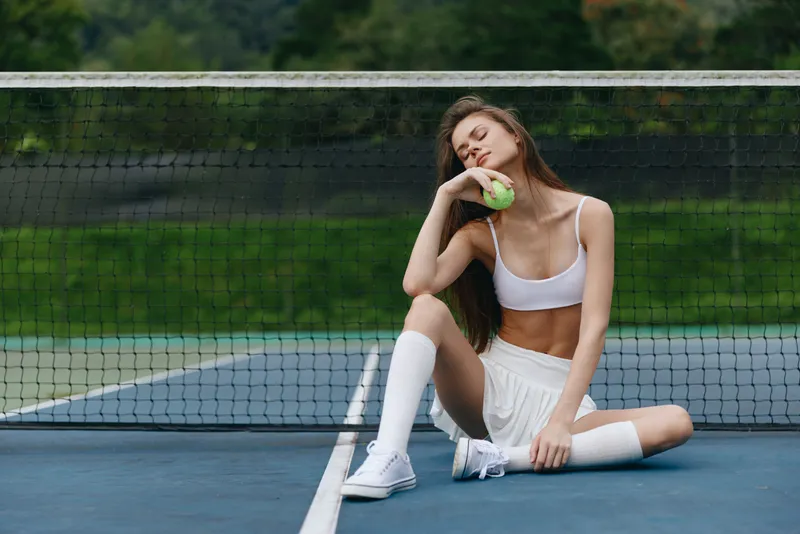 Young athletic female model in sporty attire poses with a tennis ball on the court, showcasing confidence and determination in a vibrant outdoor setting