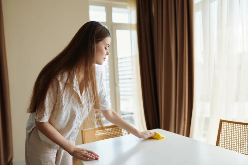 Woman cleaning a table with a sponge in a bright home interior, sunlight through curtains, wiping surface during morning routine for tidy, neat household and organized living space.