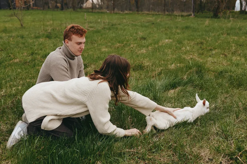 Lifestyle moment of a couple outdoors, calm goat kid nearby, natural light, relaxed pose, candid and wholesome scene on a grassy field, warm tones, gentle interaction, everyday joy.