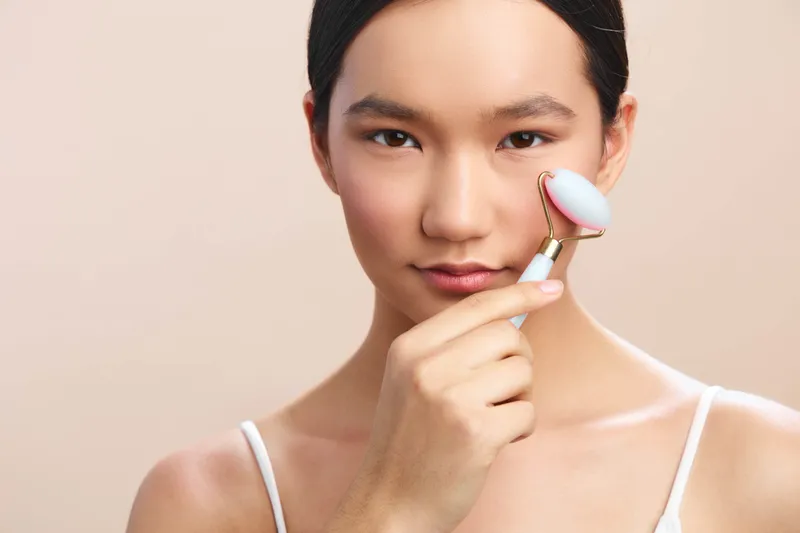 Asian woman uses a jade roller on her face in a calm studio, highlighting a serene skincare moment. She smiles softly, conveying confidence, care, and a healthy beauty routine.