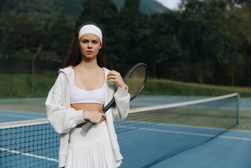 Young female tennis player in sporty attire on a sunny day, holding a racket with a serious expression, showcasing determination and athleticism on the court