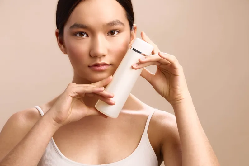 asian woman gently holds a skincare bottle near her face in a minimalist studio. She looks focused and serene, conveying a calm beauty routine and personal care moment.