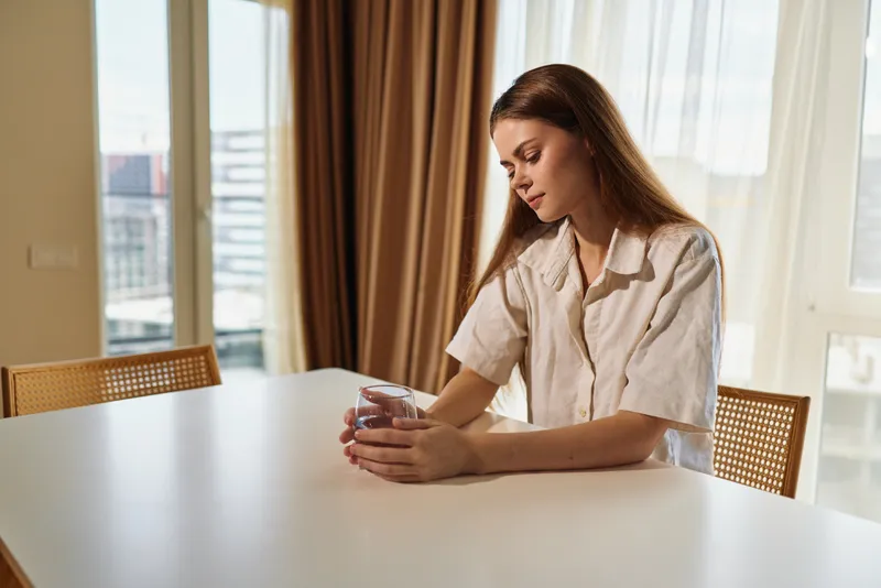 woman cup table home portrait sitting sunlight contemplative young woman sits at a white table holding a glass cup, warm morning sunlight through curtains, calm domestic interior and thoughtful mood