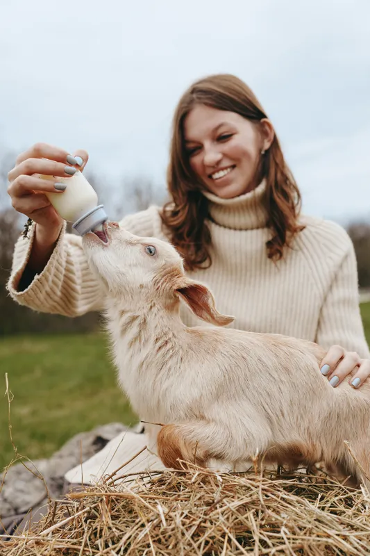 Young woman in a beige sweater happily feeds a baby goat with a bottle while sitting outdoors on a haystack in a natural lifestyle setting.