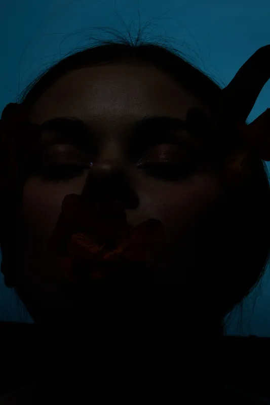 Artistic portrait of a woman with dark hair, featuring a dramatic lighting effect and vibrant red flowers, conveying emotions of serenity and introspection