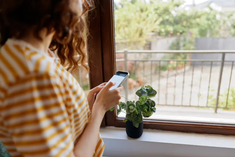 Casual woman sits by a window at home, looking at her phone, with a small plant nearby, creating a cozy intimate lifestyle scene.