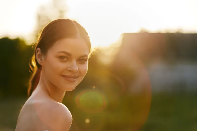 Beautiful young woman smiling outdoors at sunset, highlighting her joyful expression and soft, natural sunlight, perfect for seasonal themes and lifestyle concepts
