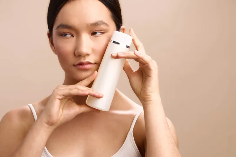Asian woman holds a sleek white skincare bottle near her face, looking off to the side with a calm, thoughtful expression, in a soft, minimalist setting.