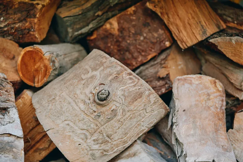 Firewood, logs, woodpile, stacked wood, birch logs, rustic: close-up of split firewood stacked for a cabin fireplace, textured timber in an autumn outdoor scene for cozy lifestyle.
