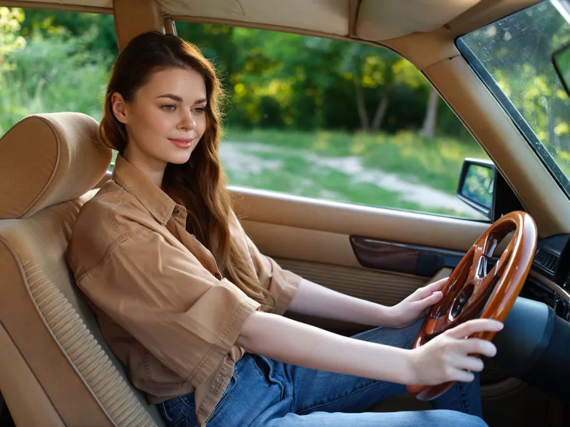 Young woman driving a vintage car, smiling thoughtfully in a serene green landscape, wearing a casual beige outfit and denim jeans, reflecting a carefree spirit.