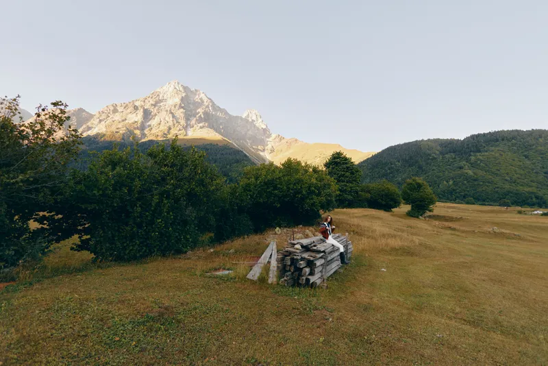 Mountain meadow with woodpile and hiker sitting on stacked logs near forest edge, peak and landscape view over grass field, sunrise golden light and tranquil alpine nature panorama.
